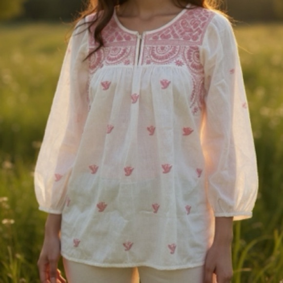New Organic cotton White and Pink Embroidered Blouse Tunic sz S romantic y2k - Picture 1 of 8